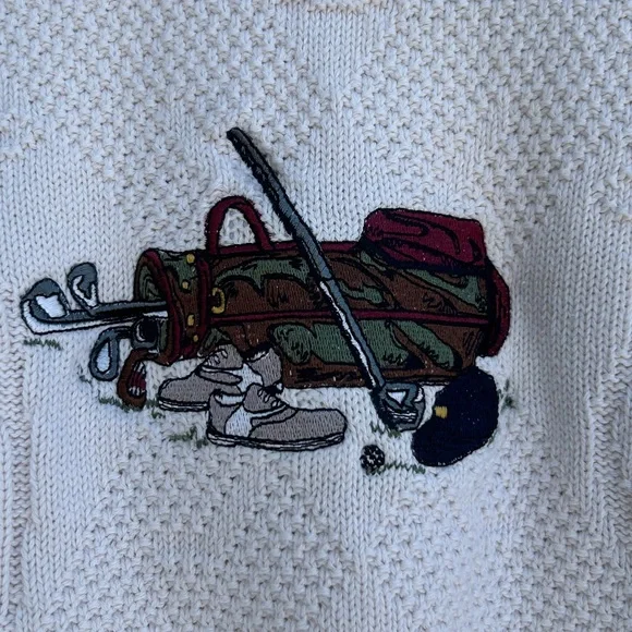 Vintage Textured Cotton Sweater - Oversized - Golf Scene - Embroidered - L - Picture 4 of 7